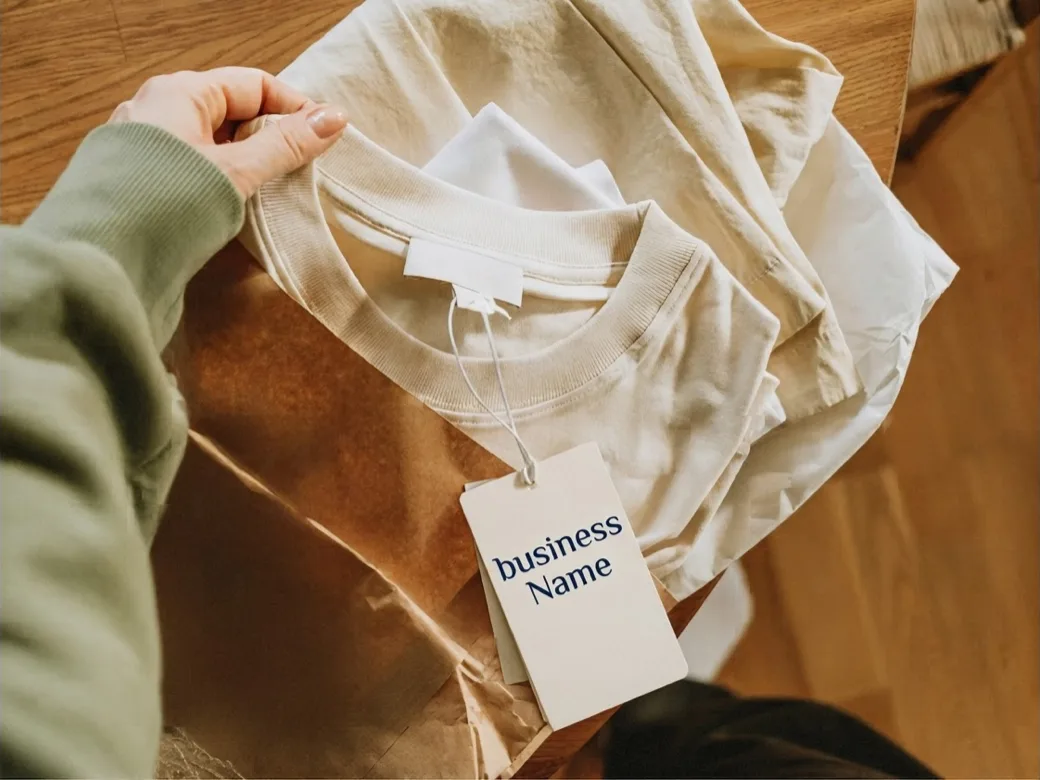 Business owner holding a folded shirt with a custom business name tag